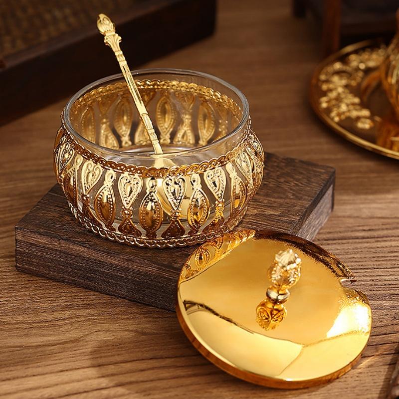 Nordic Gold Metal Seasoning Jar Hollowed-Out Alloy With lid Crafts Storage Jar Spice Pepper Box Food Grain Bowl Kitchen Utensils