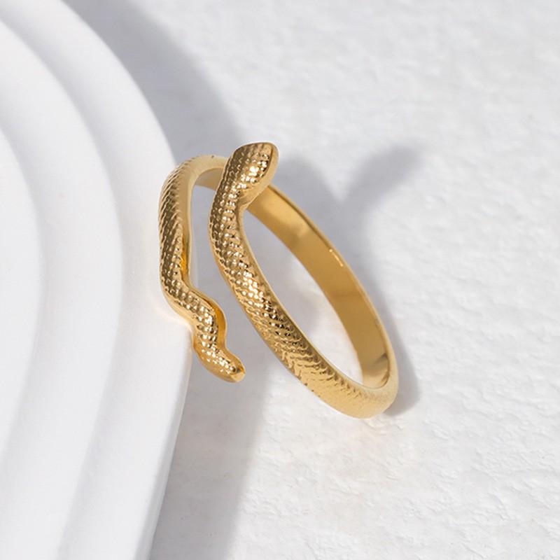 Gold-Plated Snake-Shaped Titanium Steel Adjustable Ring for Women - Retro, Colorfast, European & American Fashion.