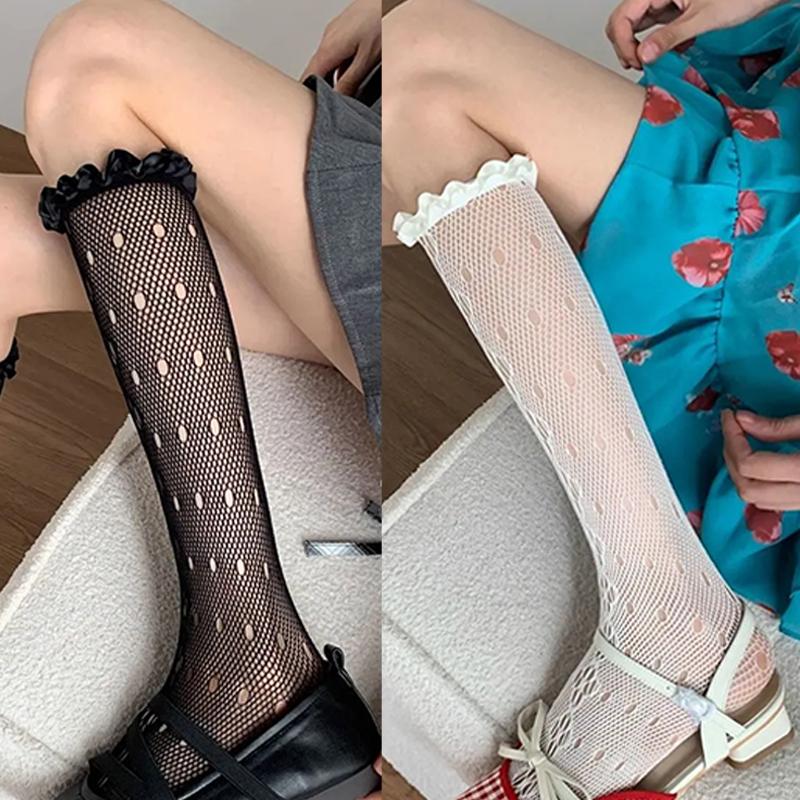 Vintage Spring Summer Mesh Women's Stockings Lace Trim Hollow Out Pile Calf Socks Thin Korean Knee Highs Socks Girl Stockings