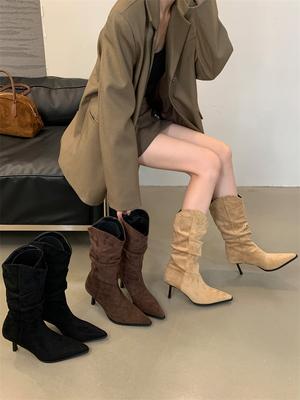 Fashion Pointed Toe Women Mid Calf Boots Chelsea Botas Thin High Heels 2024 New Arrivals Black Beige Brown Party Pumps Shoes Woman 35-39