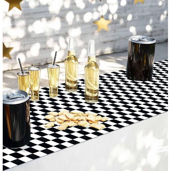 6 Pcs Checkered Table Runner Plastic 14 x 108 Inch Disposable Black and White Runner for Birthday Baby Shower Racing Party Decorations Race Car Table