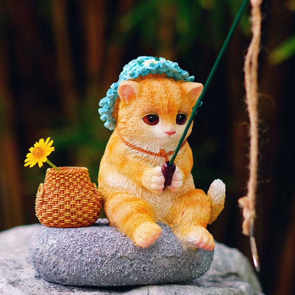 

Resin Animal Sculpture Cartoon Cat Miniatures Figurine Crafts Kitten Fishing Statue Gift Cat