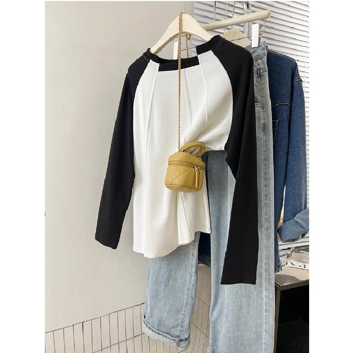 Korean Style Retro Color Block Long Sleeve Women's Casual Top - Autumn/Winter Loose Fit