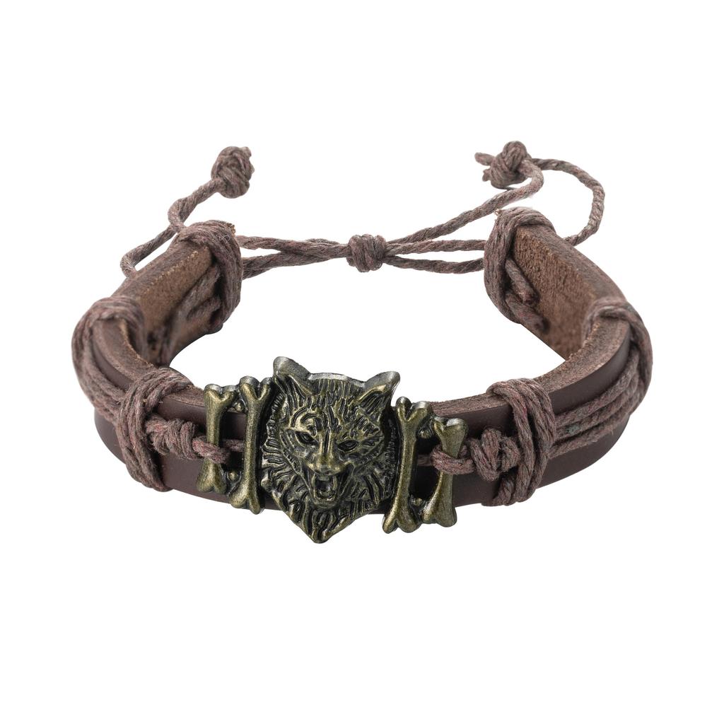 Bronze Jewelry Personalized Retro Wolf Head Leather Adjustable Bracelet Hand Rope