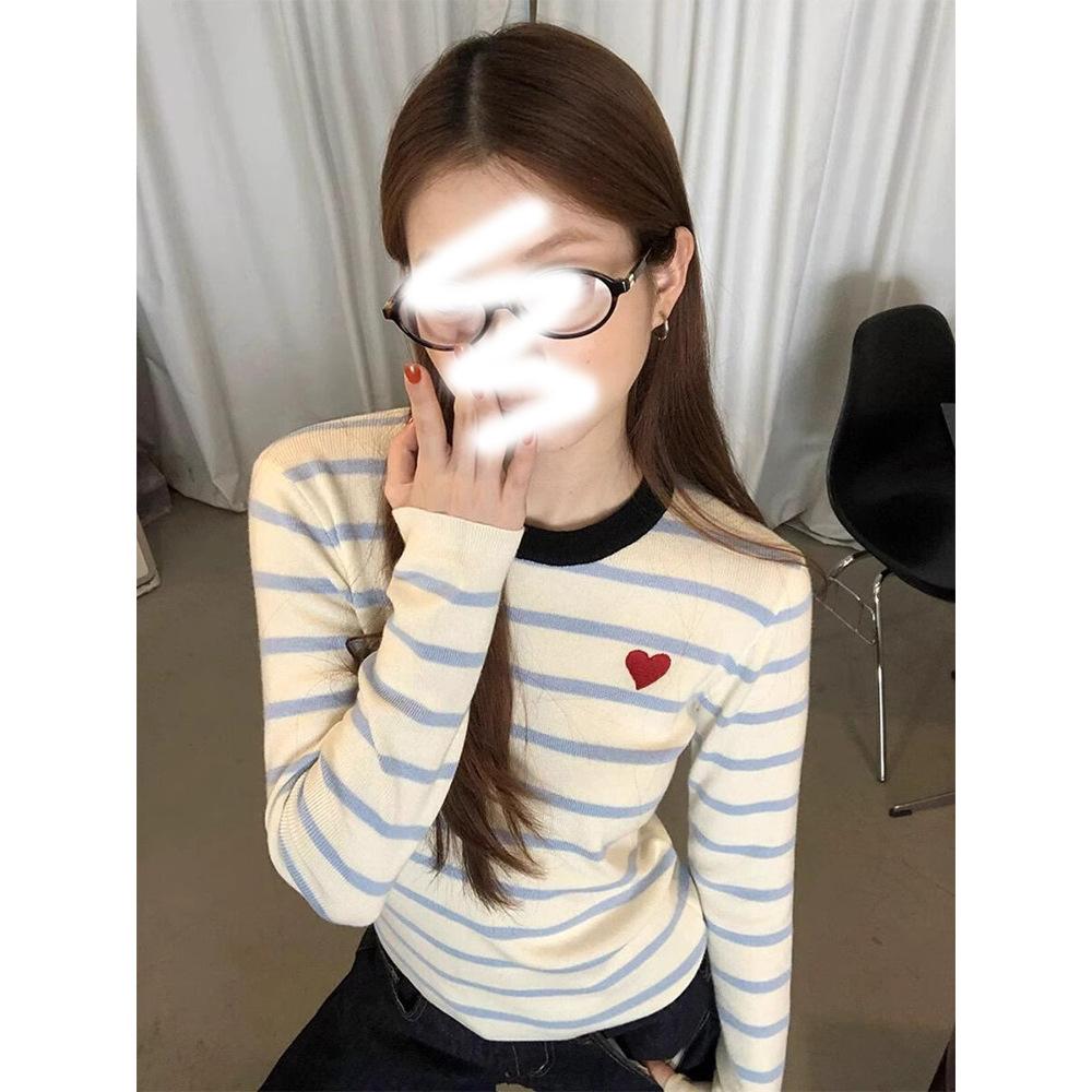 Love Embroidered Knitted Bottoming Shirt Women's Spring Contrasting Blue and White Striped Sweater Versatile Top