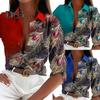 Frauen Frühling Herbst Hemd Tops Revers Langarm Faux Edelstein Feder Druck Einreiher Hemd Streetwear