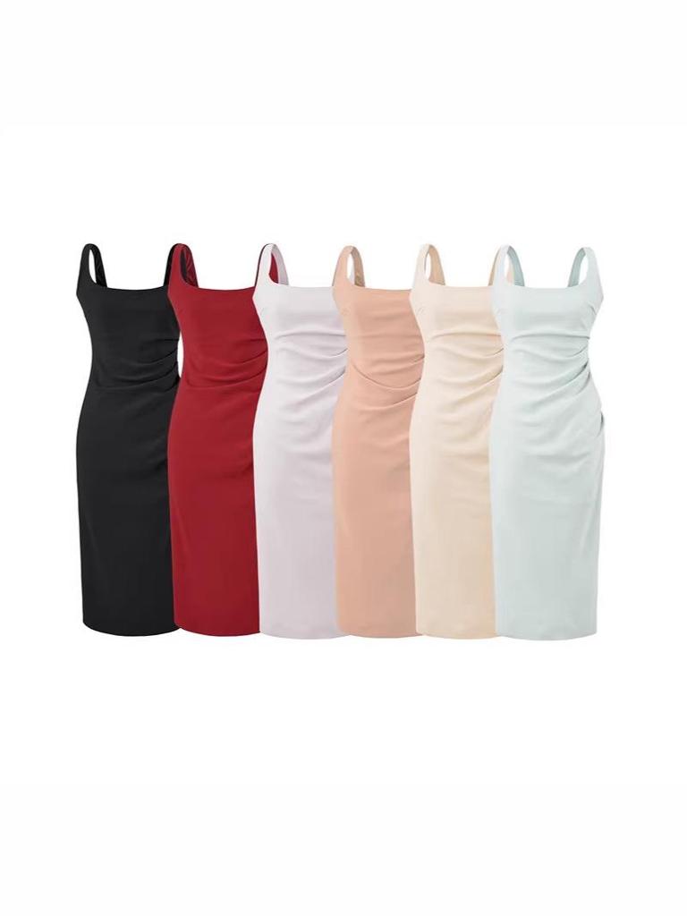 Elegant Square Neck Slim Fit Pleated Waist Bodycon Dress