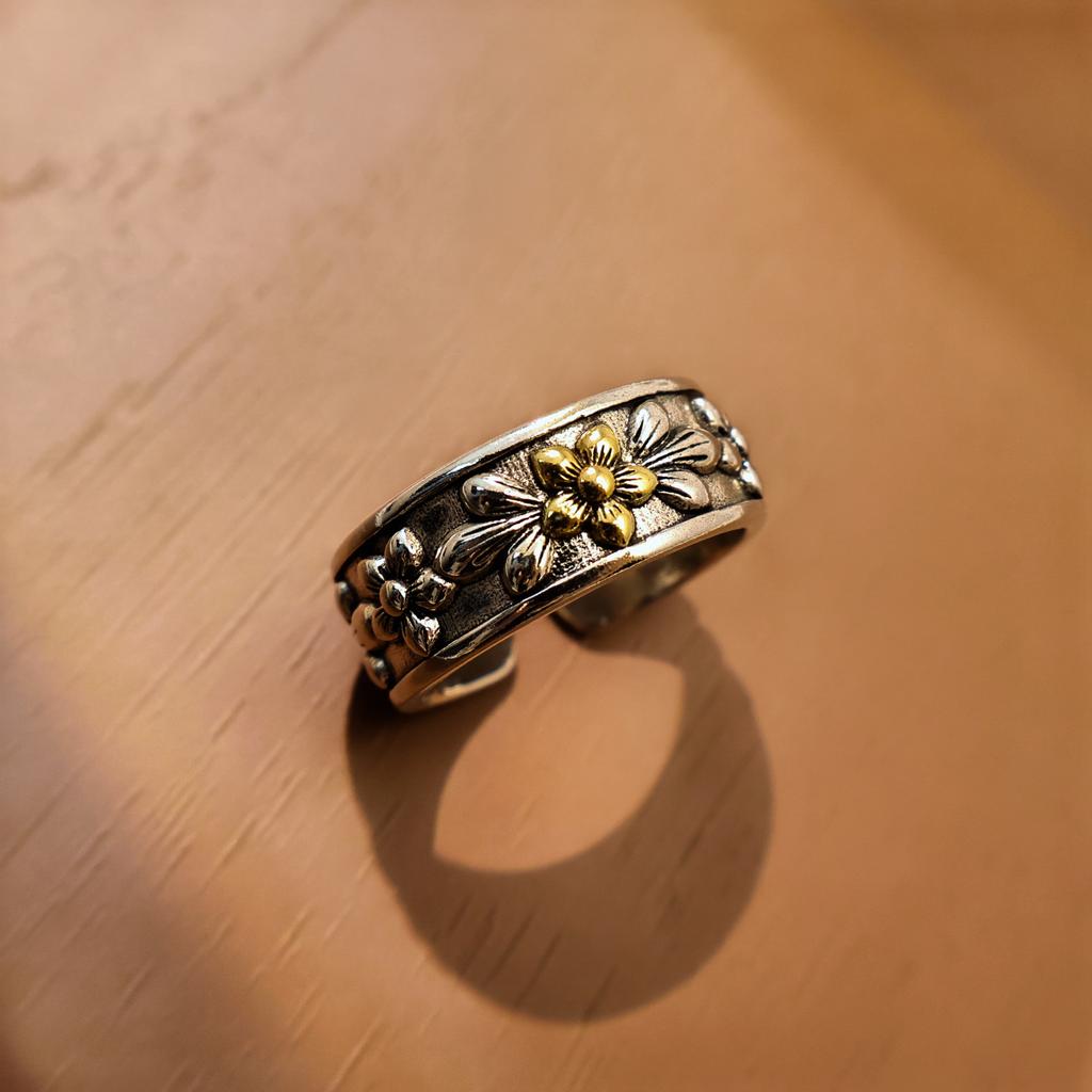 Retro Flowers Adjustable Open Ring For Men Silver-plated Copper Gothic Punk Edgy Indie Jewelry Niche Accessories Unisex Gift