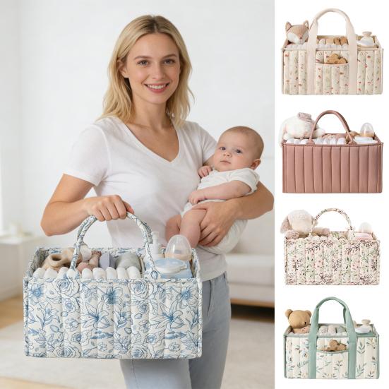 Cesta de Tecido Floral Acolchoada para Fraldas Cesto de Armazenamento Floral Porta-Fraldas Floral para Bebê com Alças e Divisórias Removíveis para Quarto de Bebê Carro Quarto Armazenamento