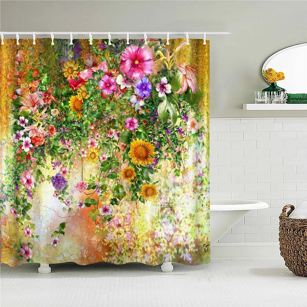 Romantic Retro Blooming Flowers Shower Curtain Garden Bath Curtains Waterproof Polyester Bathroom Shower Curtains Set with Hooks