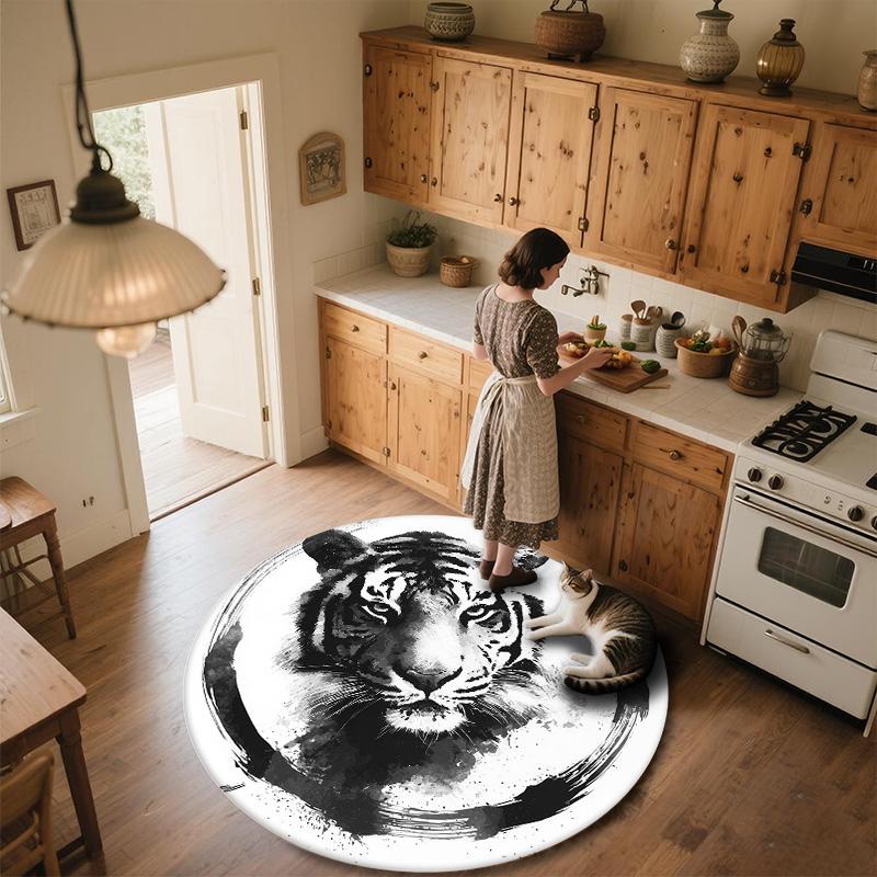 Black and White Ink Tiger Round Area Rug,Carpet Rug for Living Room Bedroom Sofa Playroom Decor,Non-slip Floor Mat