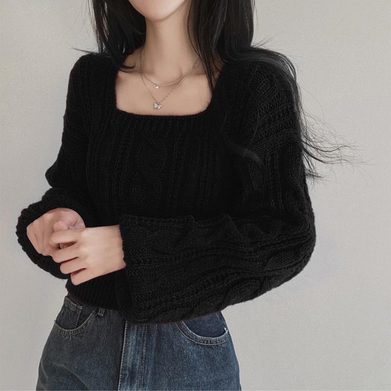 

New Square Neck Pullover Long Sleeve Knitted Sweater Korean Fashion Twist Sweaters Autumn Winter Loose Casual Solid Color Tops Clothing one size чёрный