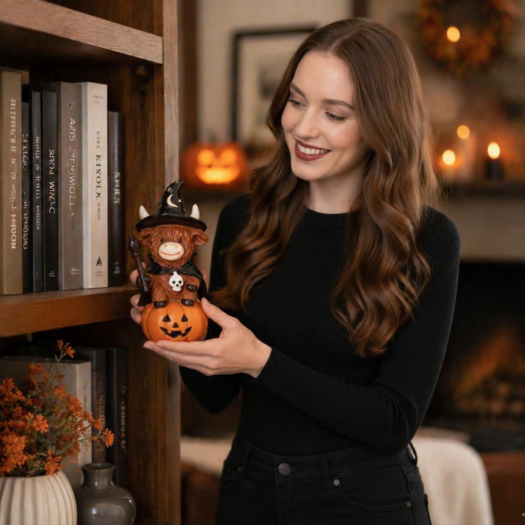 Halloween Witch Cow Resin Figurine with and Pumpkin, Cute Home Decor Ornament for Party