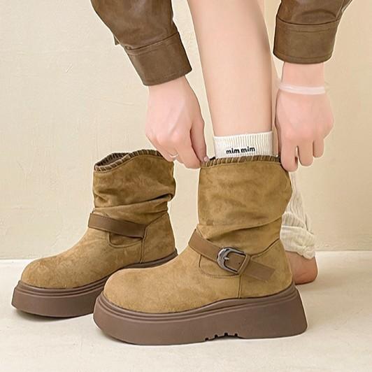 Retro style round head belt buckle Martin boots women's autumn and winter fashion versatile short boots lace short tube fashion boots