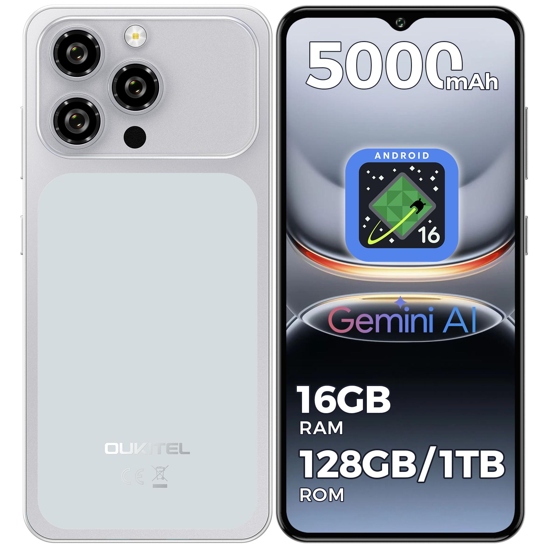 OUKITEL C17 Téléphone Portable Android 16 Débloqué 2026-12 Go+32 Go/16 Go+64 Go/16 Go+128 Go, Écran 6,52'' Goutte d'eau, Smartphone 5000 mAh, 13MP+5MP, Prise Jack 3,5 mm / GPS argenté