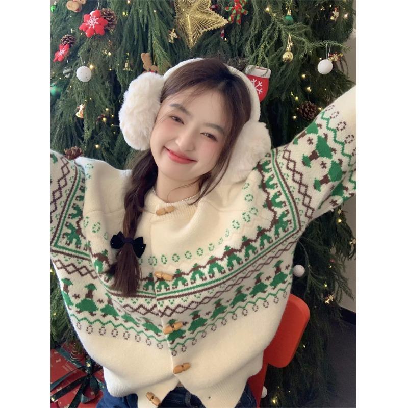 Японский ретро-кардиган с пуговицами из коровьего рога, женский короткий свитер с рождественскими элементами, удобные осенне-зимние пуловеры one size fits all белый