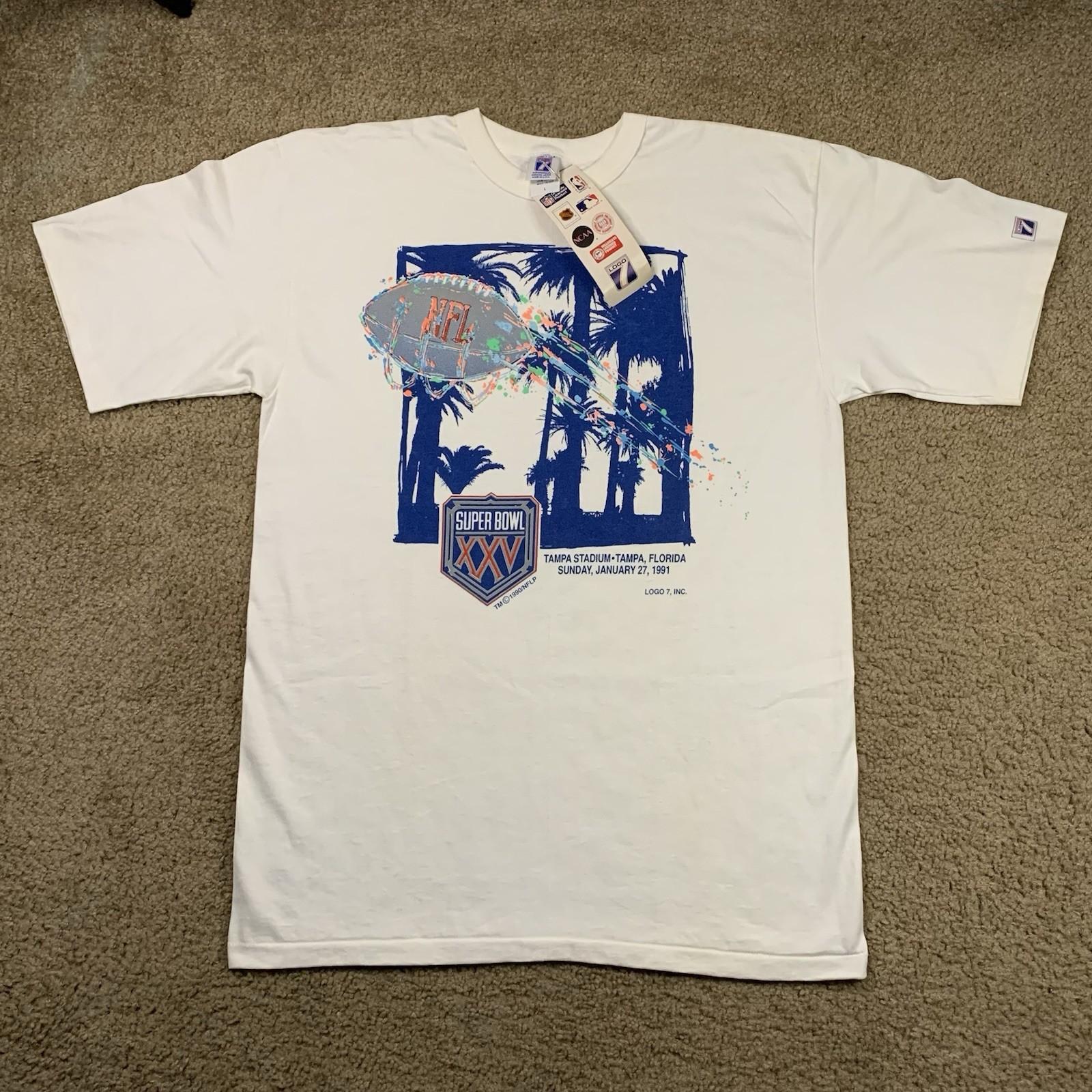 VTG Superbowl XXV 1991 NFL Tampa Logo 7 Mens LARGE Shirt White Short Sleeve TAGS S
