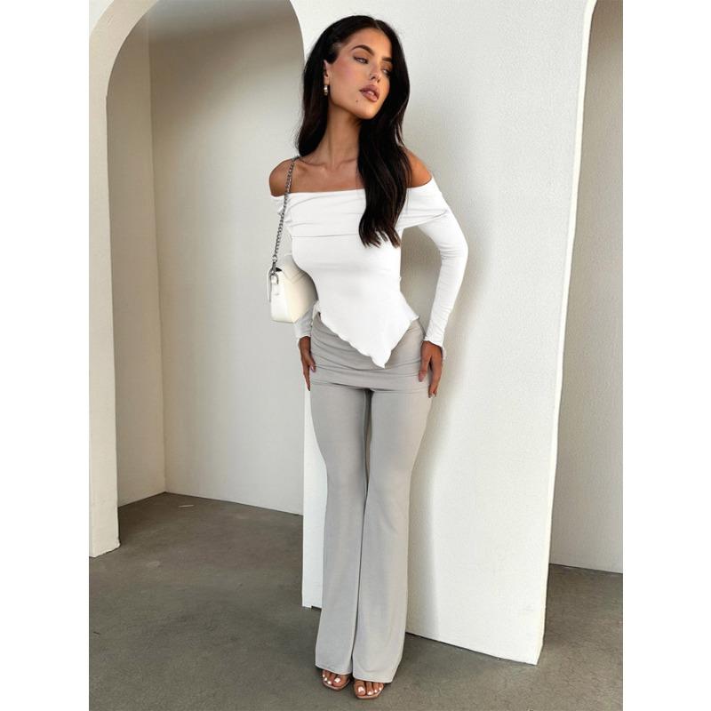 Women's Spring and Autumn Sexy Straight Neck Off-the-shoulder Long-sleeved Top, T-shirt Base Layer