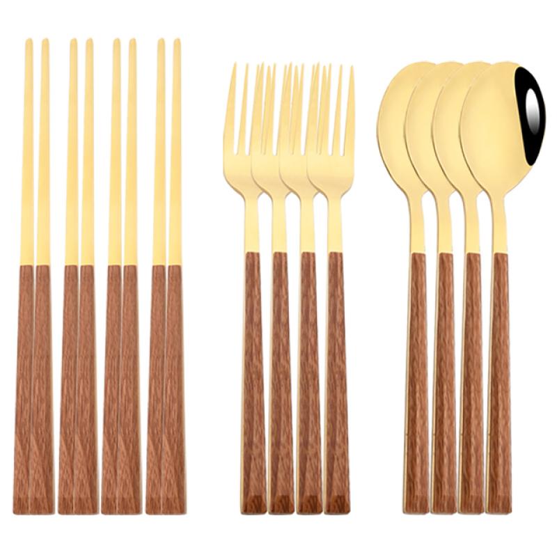 12/16Pcs Geschirr Set Nachahmung Holz Griff Besteck Set Stäbchen Messer Gabel Löffel Geschirr Set Koreanische Besteck