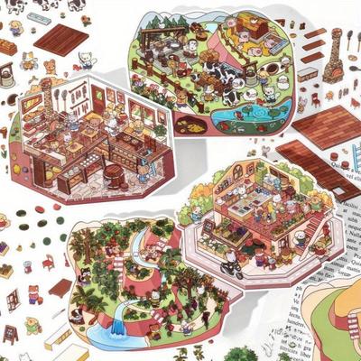 4 modellen 12 Stuks Vintage Landschap Stickers, Dikke PET Plastic 3D Stickers voor Junk Journals & Planner Decoratie