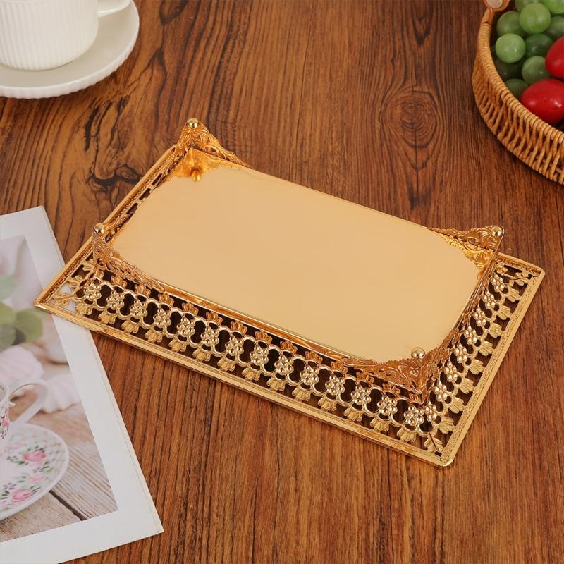 Multipurpose Decorative Iron Tray with Hollow Out Gold Pattern and Rectangular Shape for Fruit and Object Presentation
