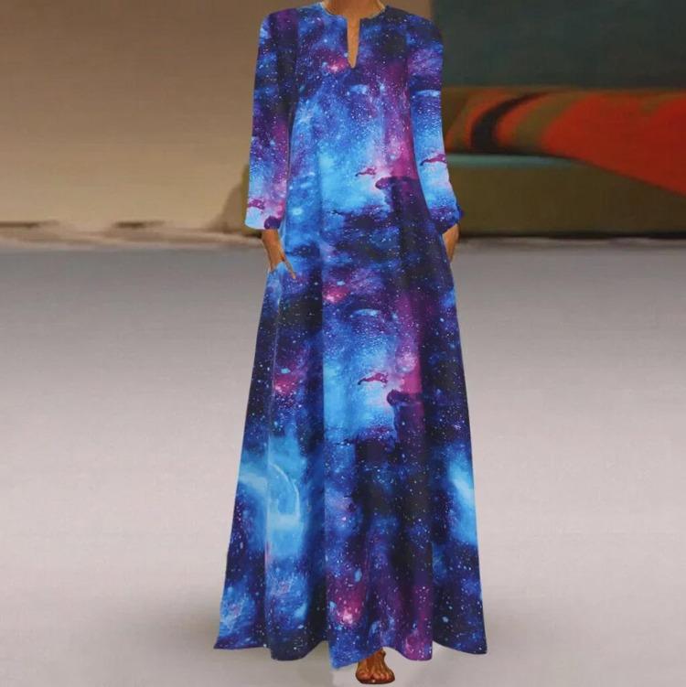 

Starry Sky 3D Print Long Sleeve Maxi Dress New Fashion S синий
