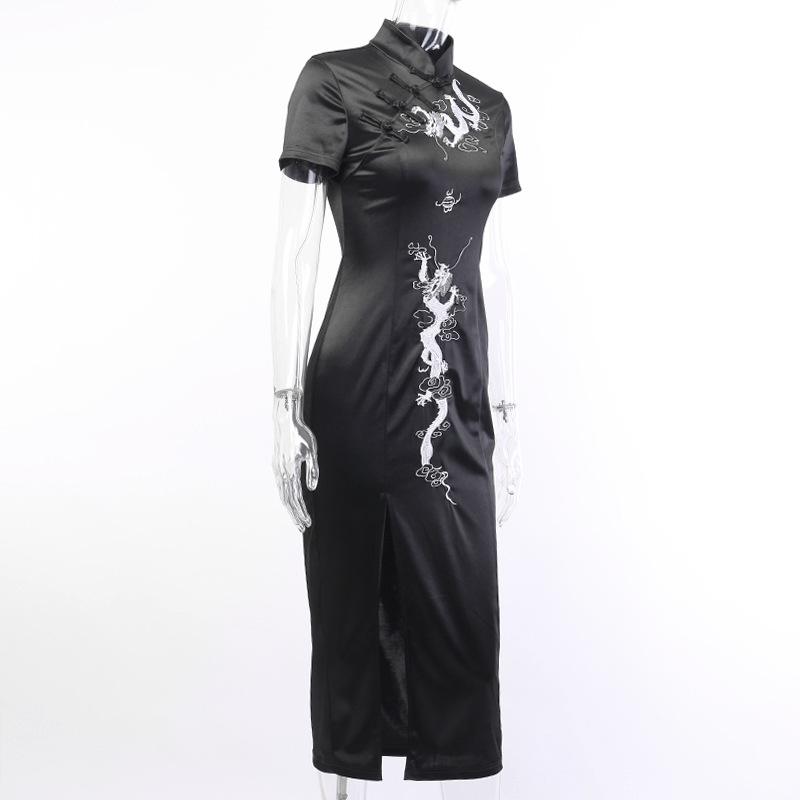 2025 New Collection Vintage Dark Gothic Chinese Knot Buttons Short Sleeve Dress Chinese Style High Waist Split Dragon Print Slim Cheongsam