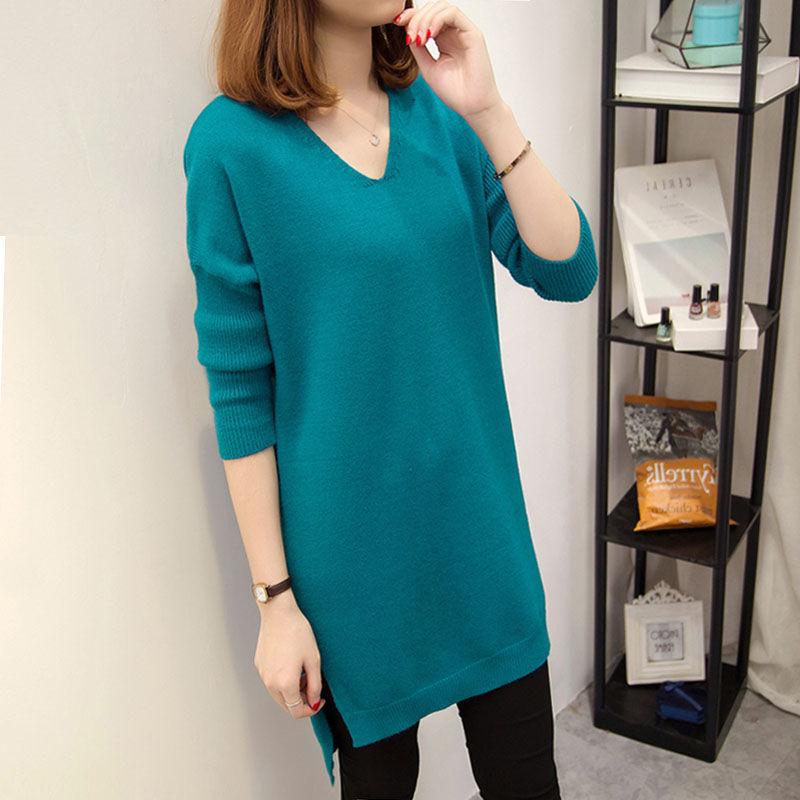 

Женский свитер большого размера, вязаный свитер, свитер средней длины, с v-образным вырезом, свободное покрытие, тонкое простое платье весны и осени M море салатовый