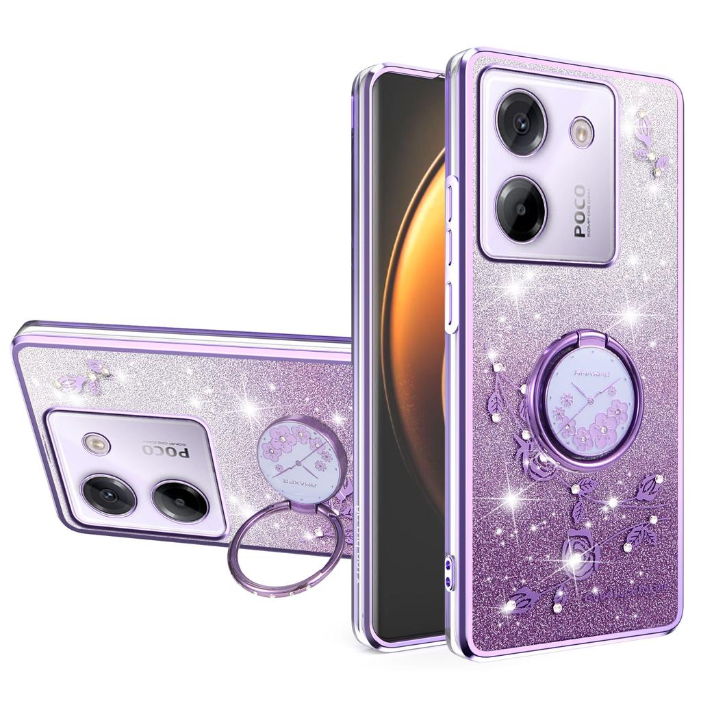 KADEM For Xiaomi Poco M7 Pro 5G Case Ring Kickstand TPU Flowers Phone Cover Gradient Glitter
