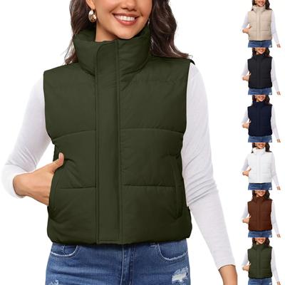 Women's Solid Color Fashionable Pocket Stand Up Collar Vest Jacket