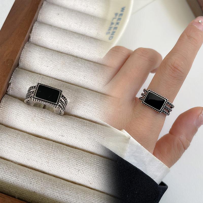Black Drip Glaze Retro Thai Silver Jewelry Women's Non-fading High-end Open Ring