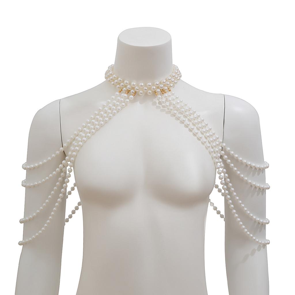 Elegant Pearls Tassels Body Chain Hand Beading Collar Necklace for Lady Pearls Chain Necklace for Party/Club