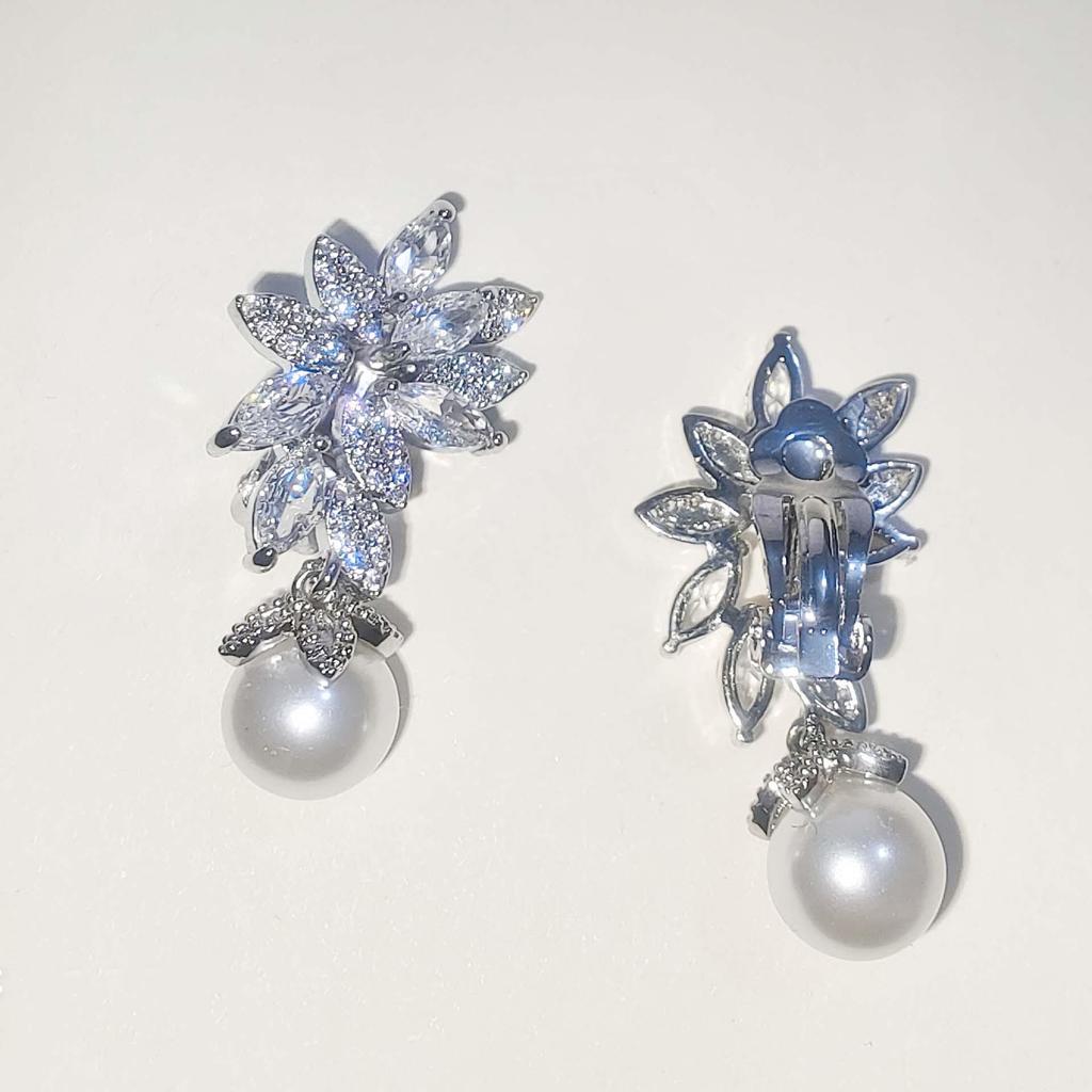 Silver Flower Zirconia Pearl Dangle Earrings for Women