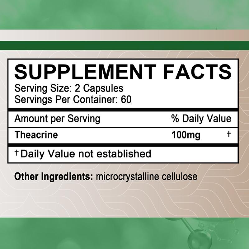 Theacrina 100 mg Integratore Alimentare, Cellulosa Microcristallina, 120 Capsule per Flacone
