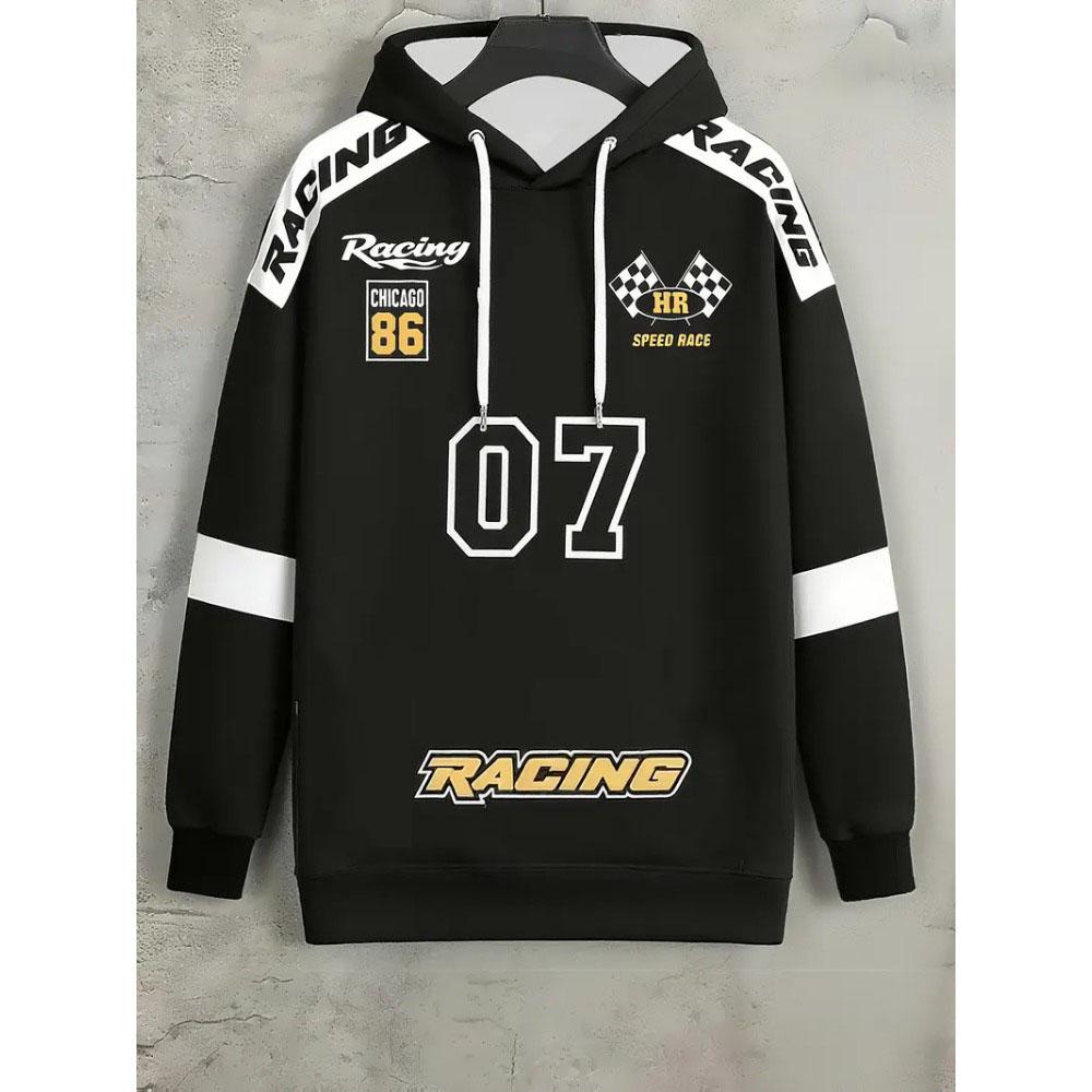 Men's Fashion Cool Racing Hoodies Autumn Outdoor Extreme Sports Hooded Sweatshirt 3D Print Letter Number Graphic Long Sleeve Top