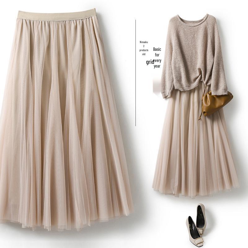 

Women s Color Block Mesh A-Line Long Skirt One Size