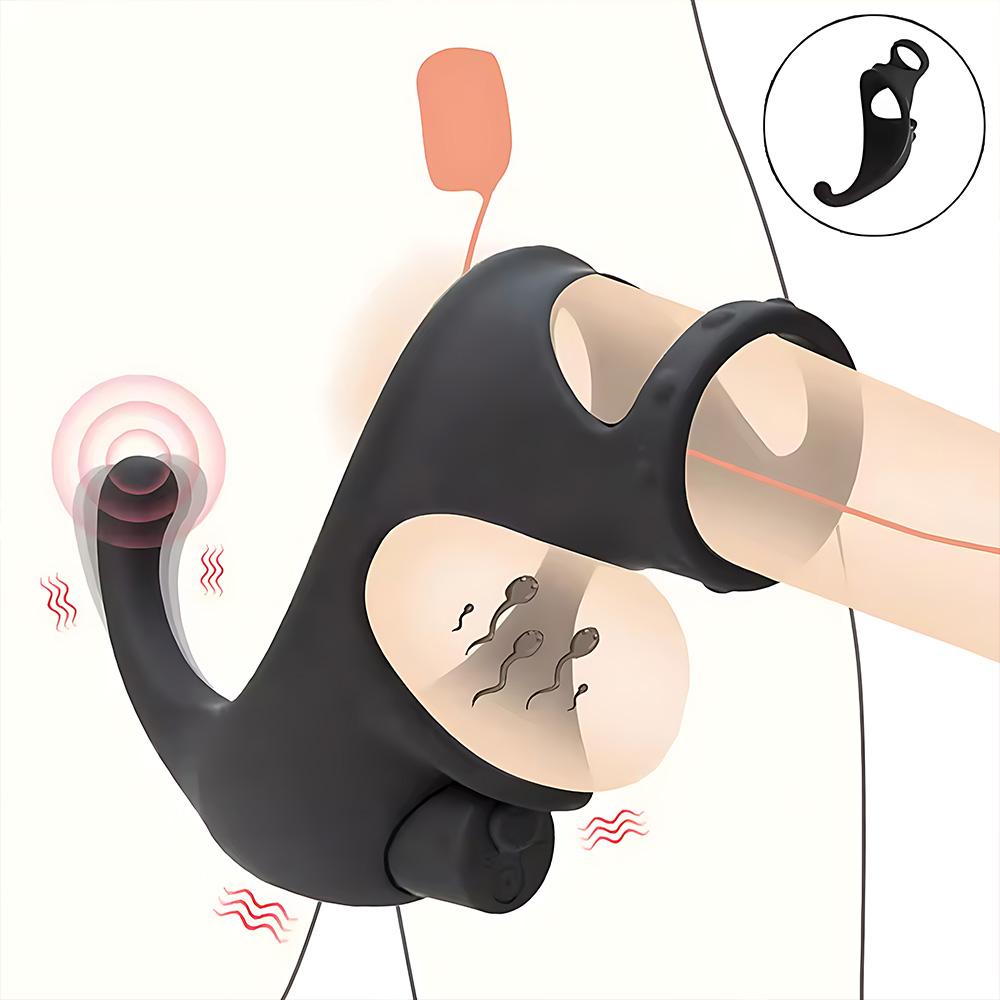 Vibrating Double Penis Ring Scrotum Massager Male Chastity Cage Testicle Bondage Vibrators Delay Ejaculation Cock Ring Sex Toys