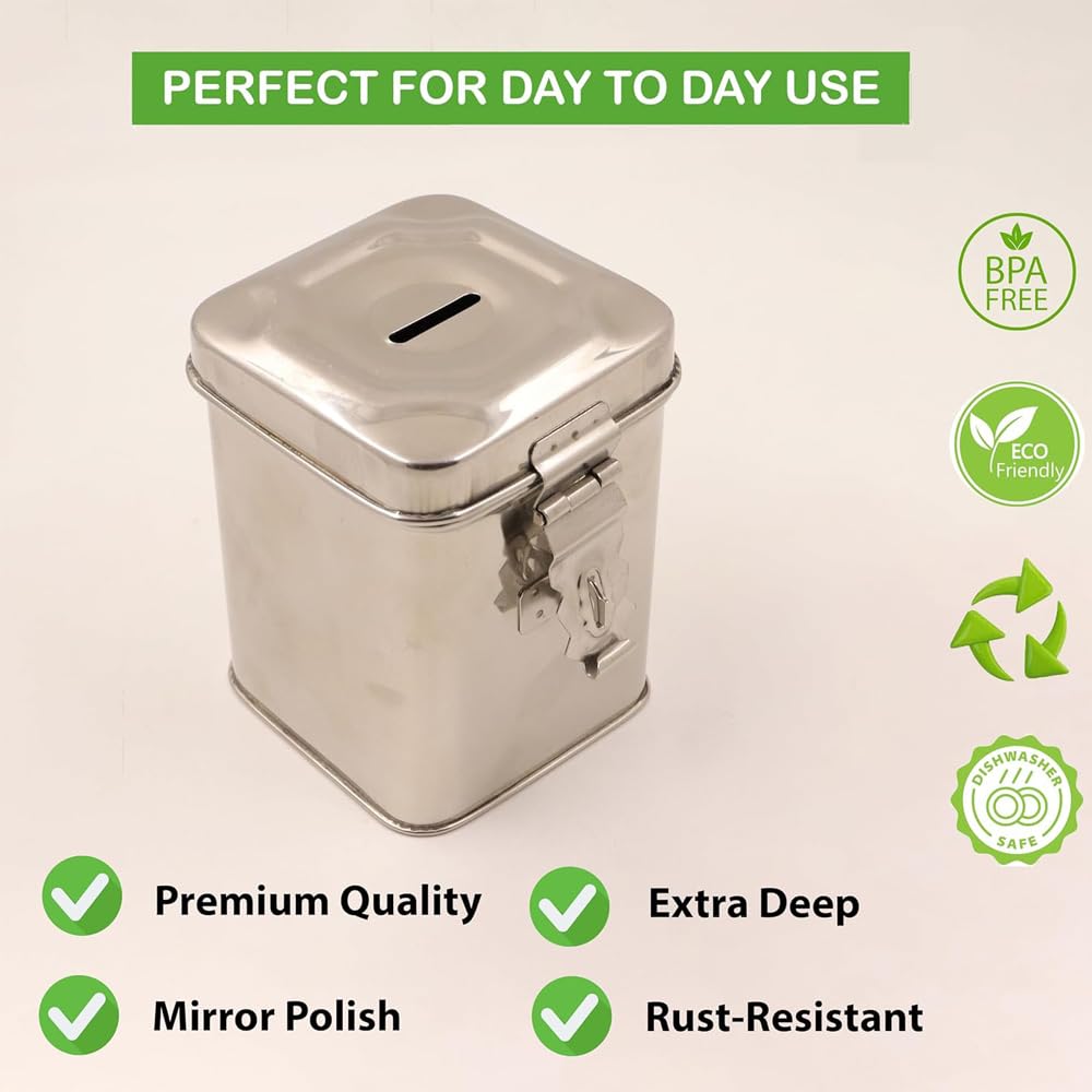 RSINC Stainless Steel Large Coin Box | Antique Piggy Bank & Money Organizer |  Elegant Silver Gullak for Coins & Savings | Pc-1 O Steel Large Coin Box