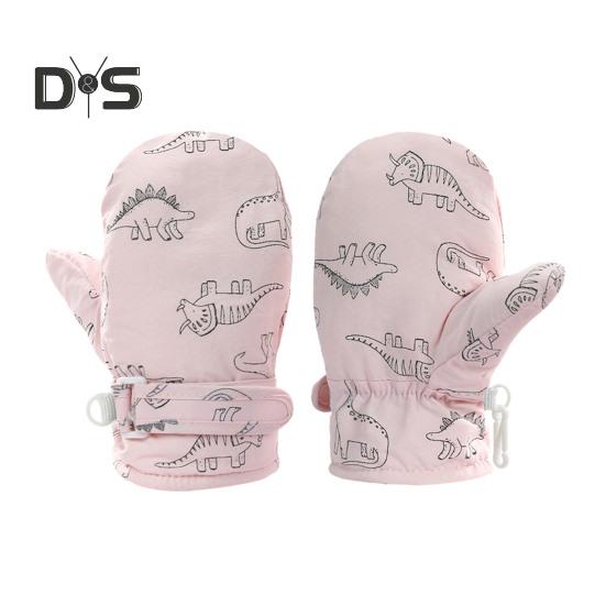 1 Pair Children Winter Mittens Thick Plush-lined Windproof Cartoon Dinosaur Cold Weather Outdoor Gloves Adjustable Fasten Strap Anti-Slip Ski Gloves