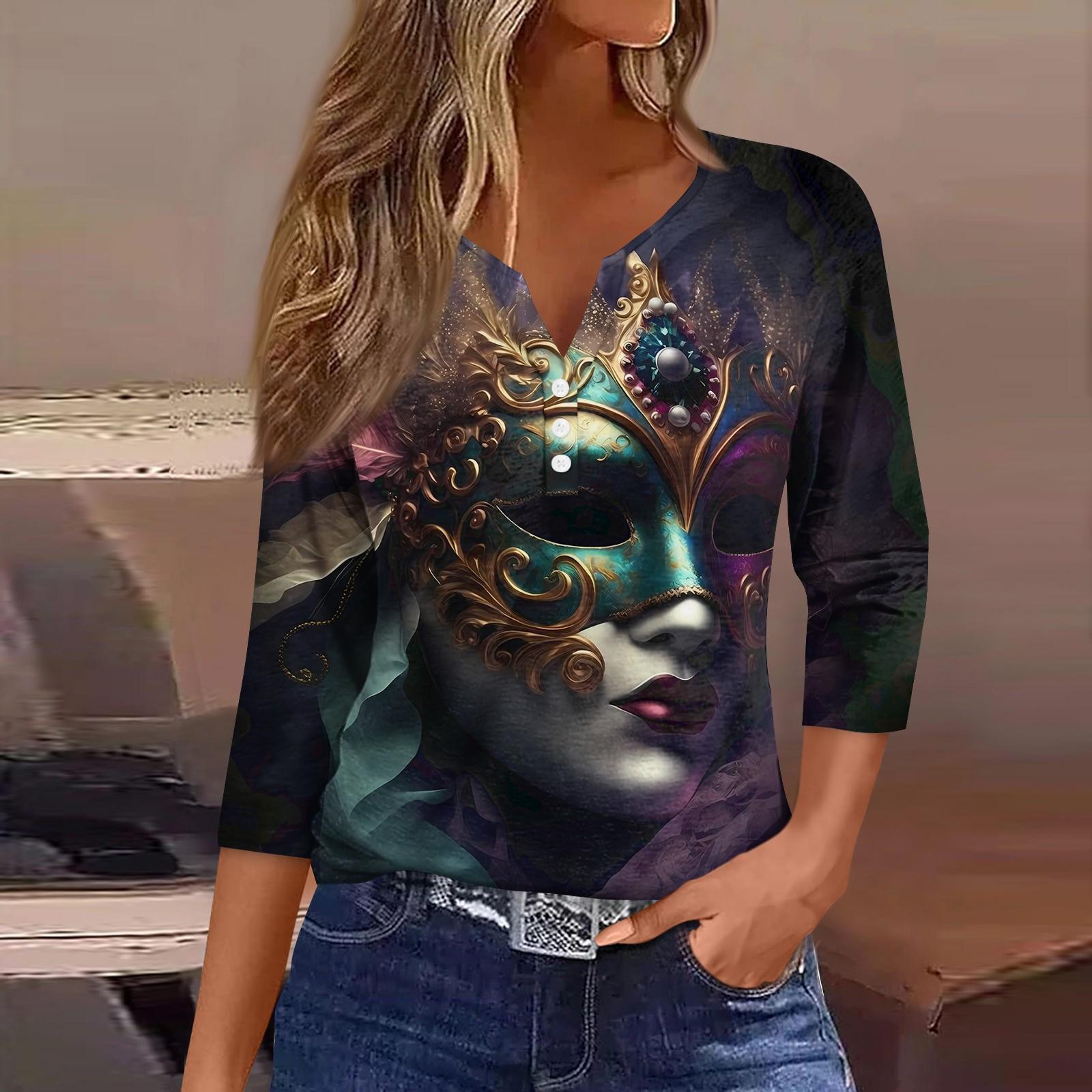 

Женская футболка с принтом карнавальной маски и V-образным вырезом, повседневная, с рукавами 3/4, на пуговицах M