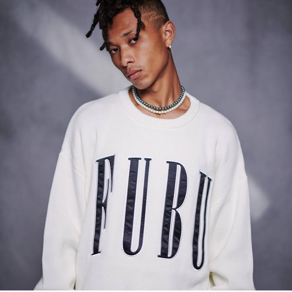 FUBU Strick Langarm für Herren und Marke Big American Oversized fam-42710 Off-White Pullover, Pullover, Damen, Name, Logo, Lässig,
