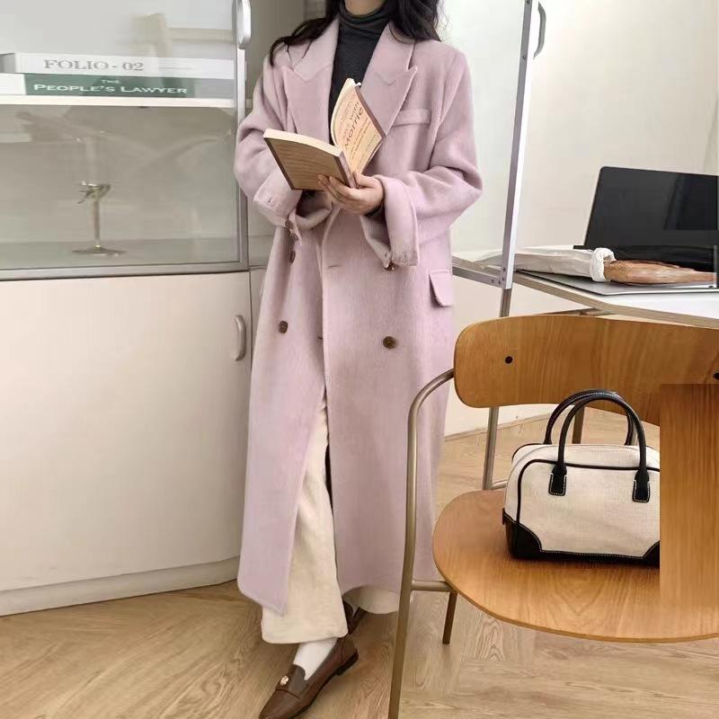 New Autumn and Winter Long-haired Alpaca Double-sided Wool Coat for Women with Thick Shoulder Pads Woolen Coat for Women