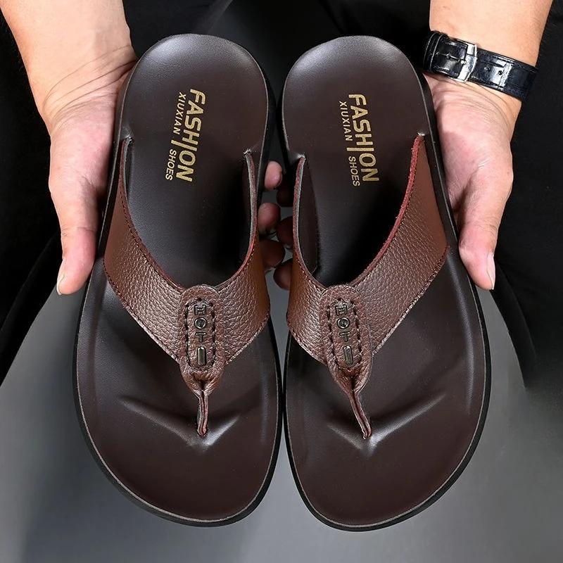 Summer Men's Flip Flops, New Leather Home Casual Sandals, Fashionable Outerwear, Soft Bottom, Anti Slip Beach Slippers