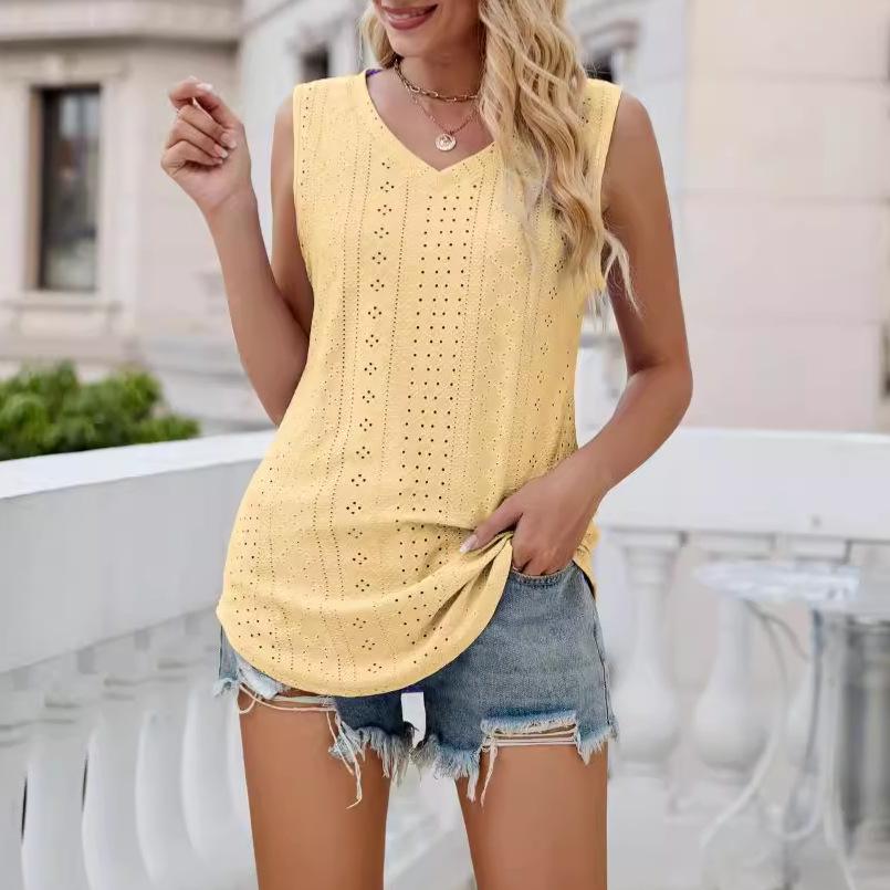 2024 European & American Women's V-Neck Hollow Out Sleeveless Casual Vest Top
