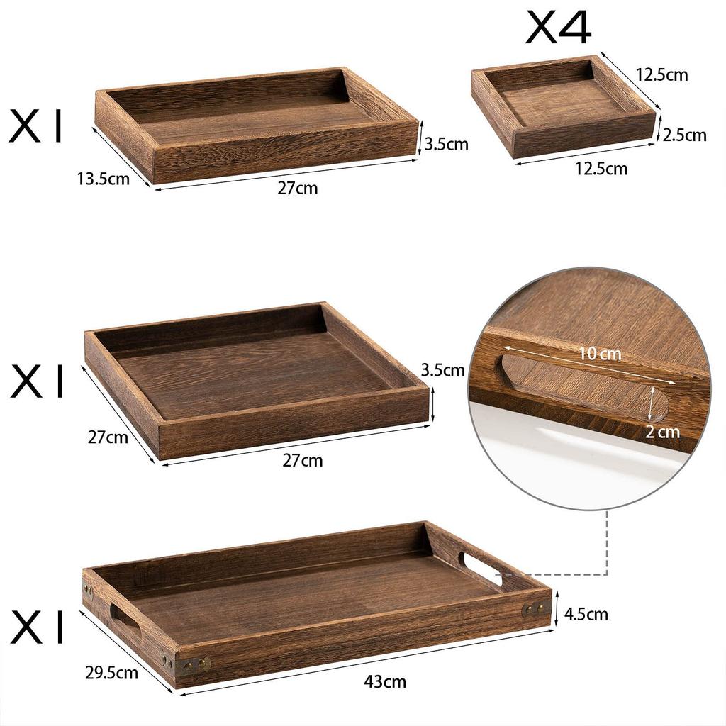 Yangbaga 7-Piece Wooden Tray Set, Perfect for Tea, Cafes, and Kitchens, Perfect for Small Items, Set Meals, and Luncheons