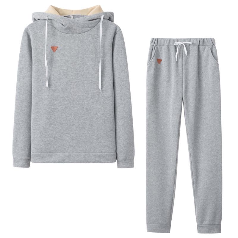 

2025 Autumn/Winter Women s Fleece Fashion Leather Patch Hooded Casual Sports Set L світло-сірий колір
