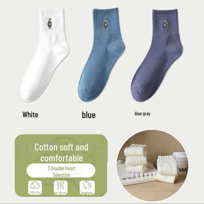 Men's Embroidered Long Cotton Socks - Autumn/Winter Mid-Tube Solid Color Sports Socks with Japanese Sunglasses Design.