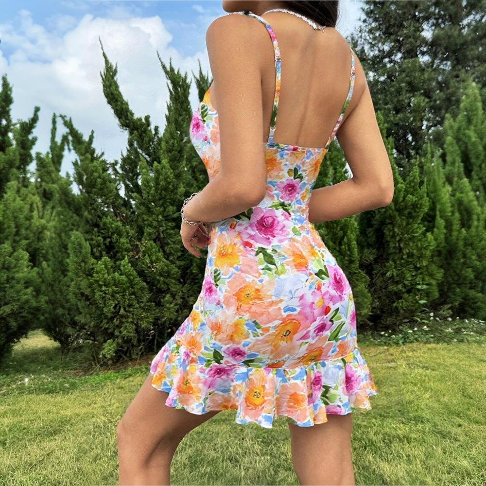 Rochie A-line cu bretele, sexy, de călătorie, stil resort, cu spatele gol, pictată, cu imprimeu pentru femei