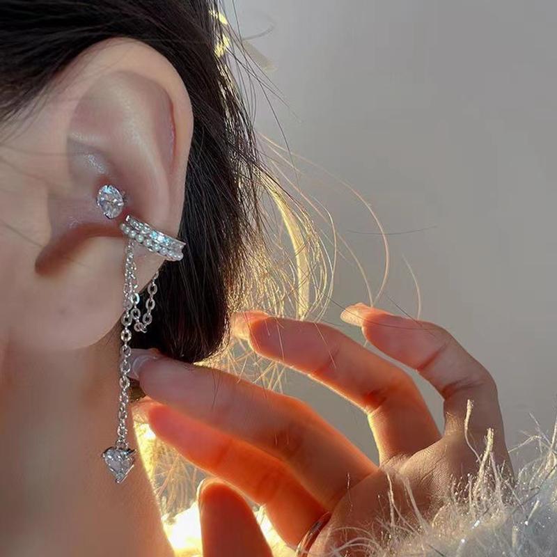 Sparkling Heart Zircon Shining Long Tassel Ear Cuff No Piercing Earrings Female Trendy Design Ear Clip Earrings Party Jewelry