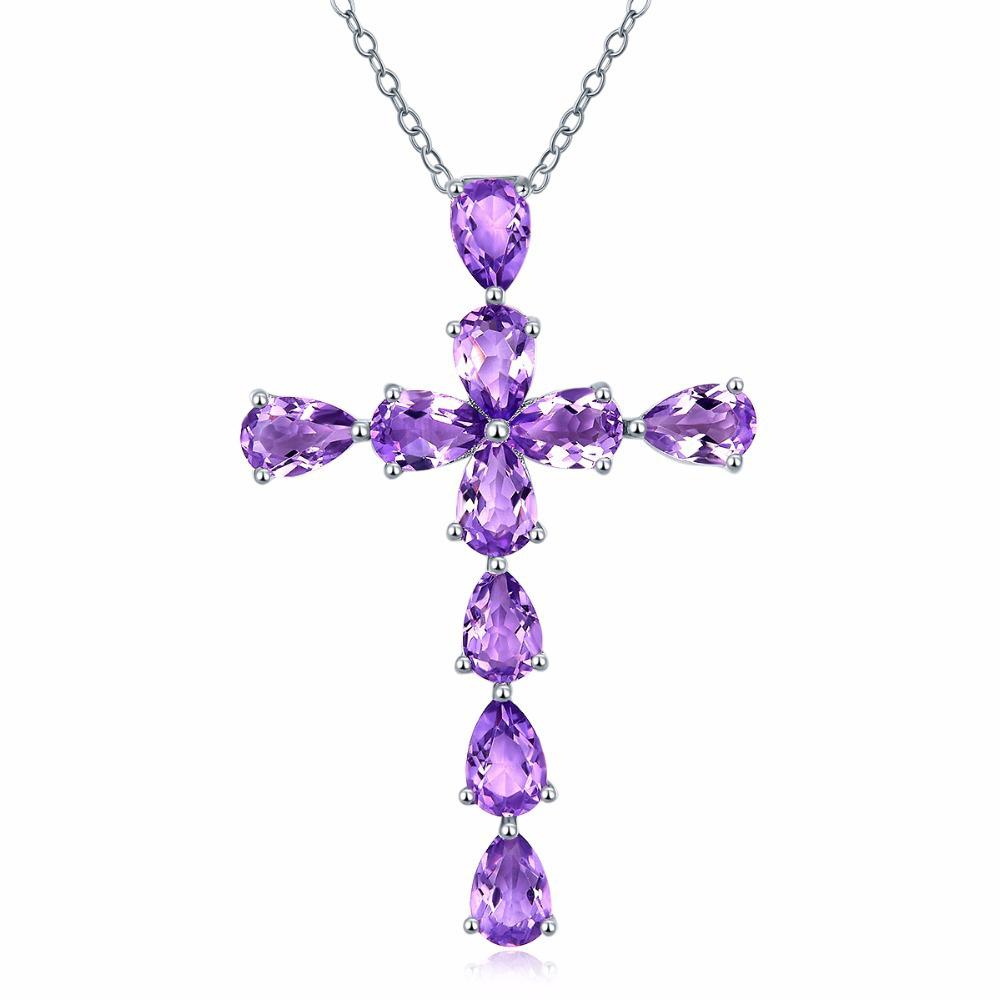 Amethyst Natural Gemstone Cross Pendant Necklace In 925 Silver Plated